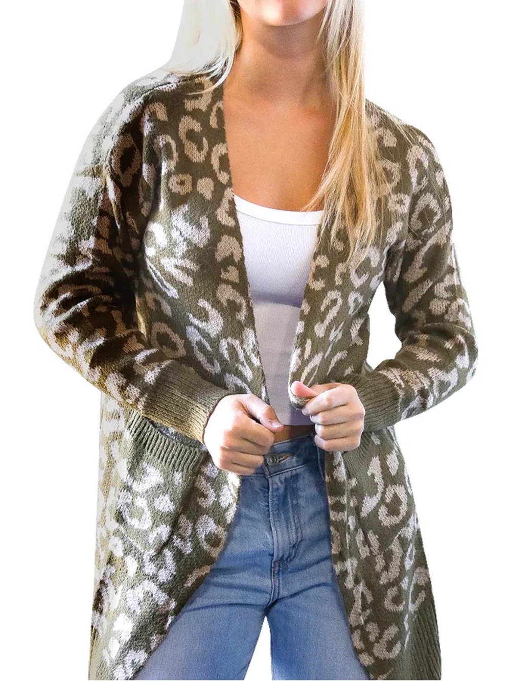 Reborn J Leopard Cheetah Print Cardigan Duster Olive Green Small